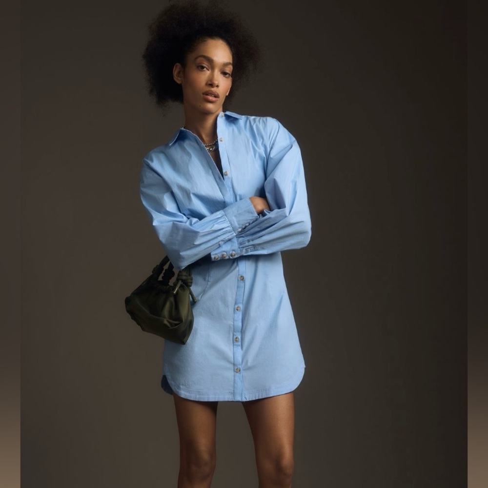 Anthropologie Light Blue Button-Front Mini Shirt Dress